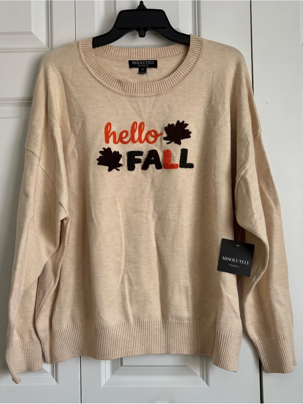 Absolutely Famous Cream 'Hello FALL' Embroidered Crewneck Sweater